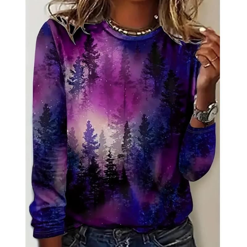 

2025 Осень и Зима Женский Новый Повседневный Топ с Круглым Вырезом и Длинным Рукавом с 3D Принтом Дерева 8XL фиолетовый
