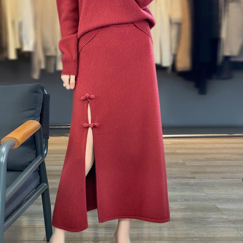 New Wool Skirt for Women In Autumn and Winter Fashion Versatile Mid-length Slit Skirt for Skin-friendly and Fashionable Buckle Skirt