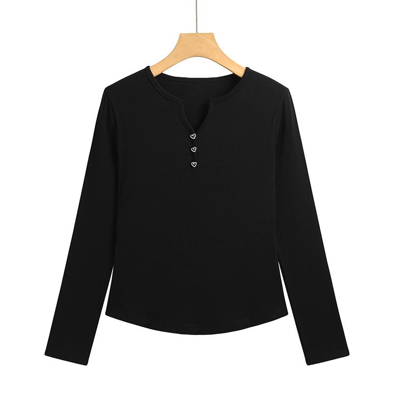 

2025 V-neck Long-sleeve Slim-fit Solid Casual T-shirt M чёрный