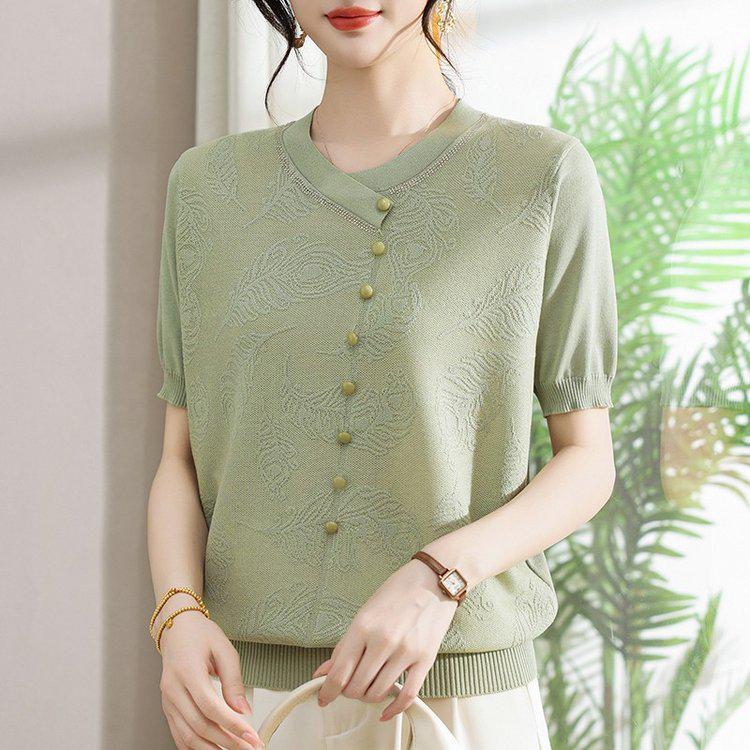 Elegant Retro V-neck Knit T-shirt for Women