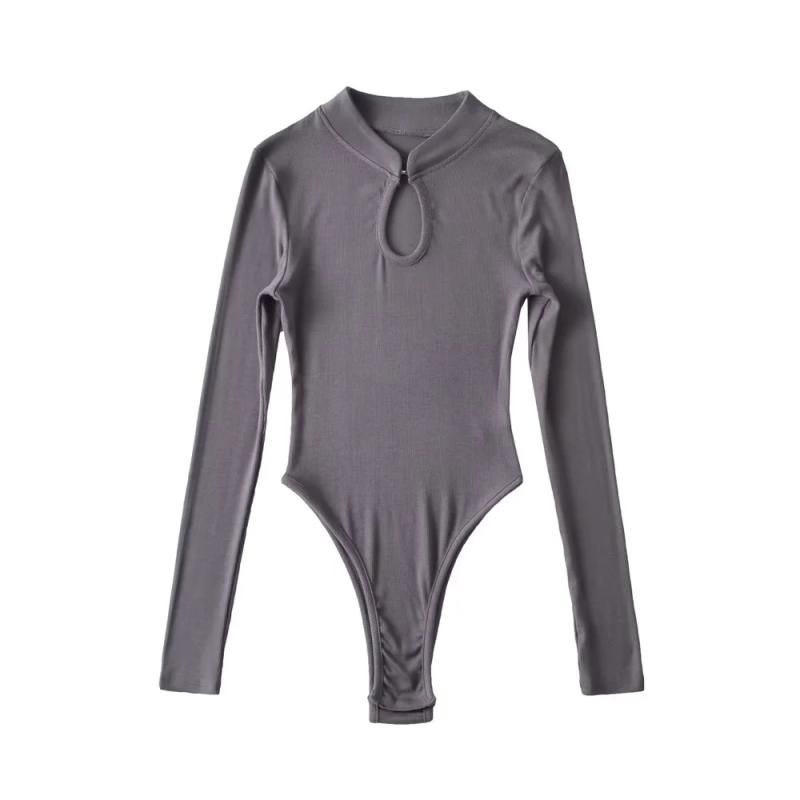 

Semi-High Stand Collar Long Sleeves Cut Out Women s T-shirt Hollowed out Hanging Buckle Silm Crotch One-Piece Pure Color Fashion New Bottoming Shirt Dark gray S