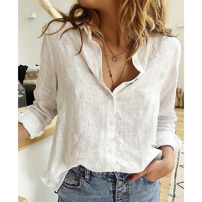 Spring New Solid Casual Loose Long Sleeve Shirts Women Fashion Plus Size Cotton and Linen Blouse Women Tops Button Up Office Simple Female Shirt 26259