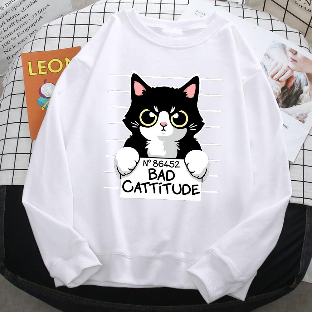 Autumn Winter Womens Pullover No86452 Bad Cattitude Funny Cat Print Hoodie  All-Math Sweatshirts Warm Crewneck Ladies Tops