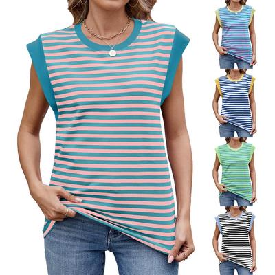 Wiosna i lato 2025 nowy T-shirt damski z krótkim rękawem, luźny, w paski, w kontrastowych kolorach, z okrągłym dekoltem