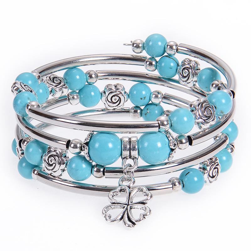 Pink Zebra Stone Multi-Layer Wrap Bracelet with Floral Pendant