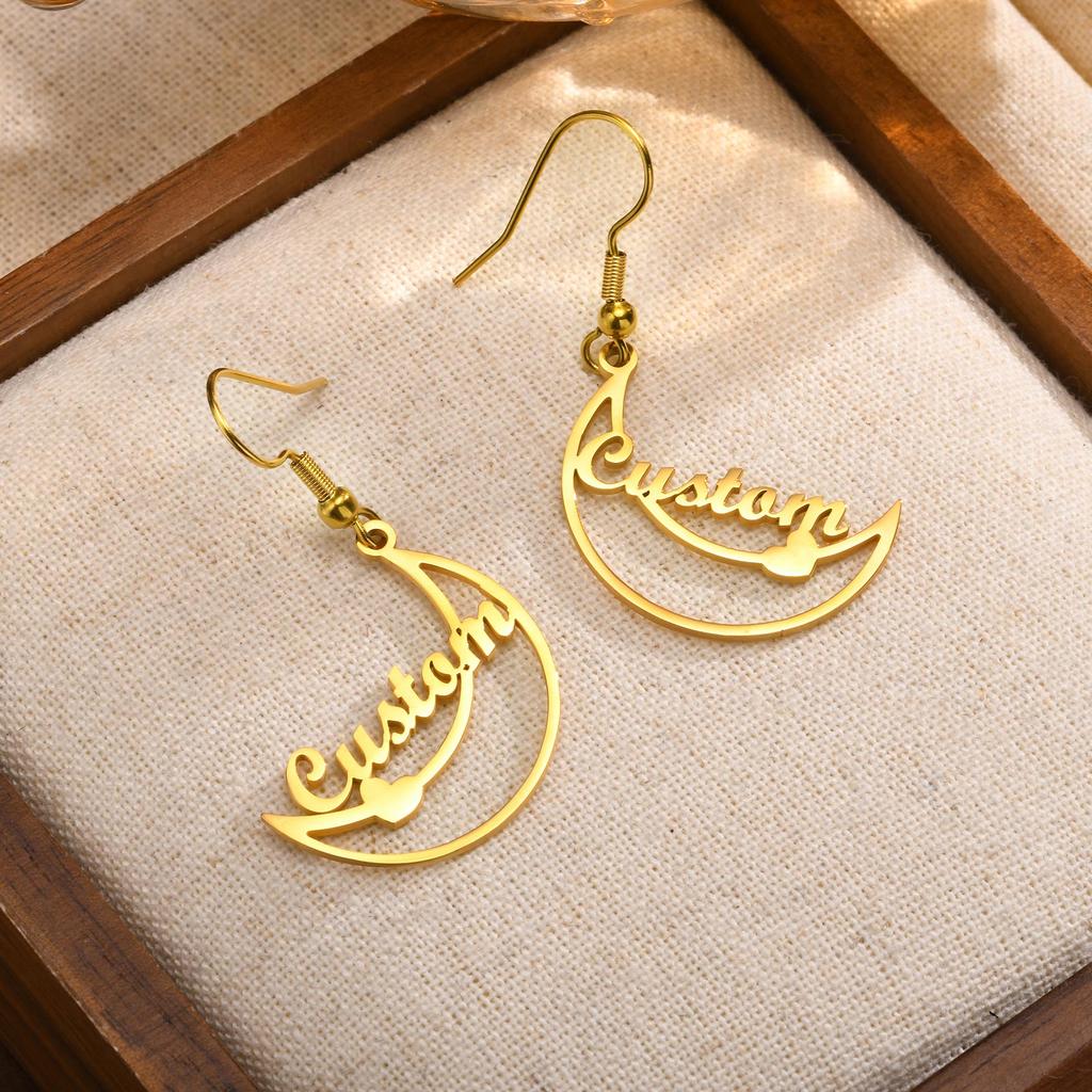Free Personalized Moon Heart Shaped Name Custom Earrings for Women,Stainless Steel Waterproof Earrings,Fashion Jewelry Gifts