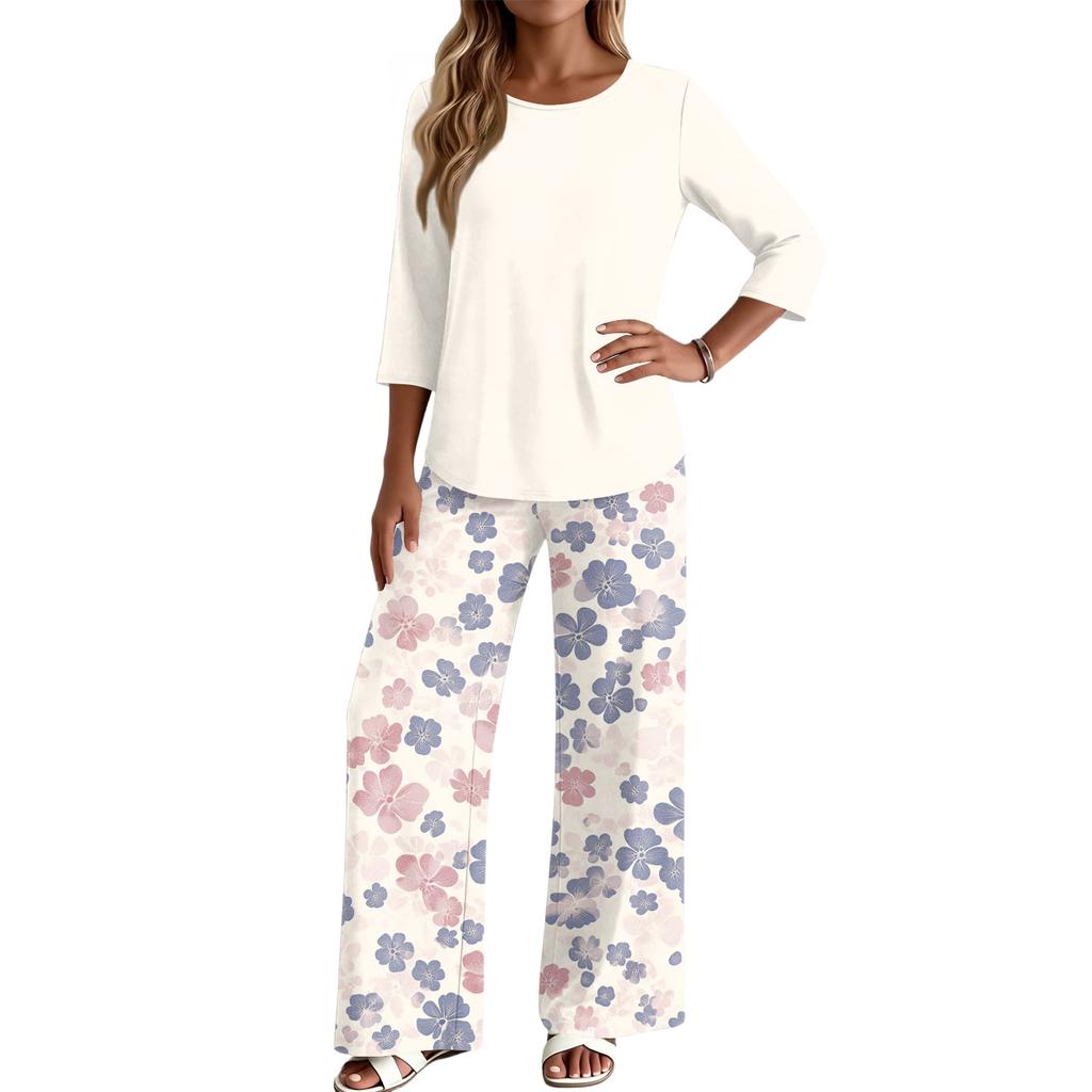 Women's Casual Two Piece Set Loose Fit Round Neck Top with Three Quarter Sleeves and Wide Leg Printed Pants Lounge Wear Set