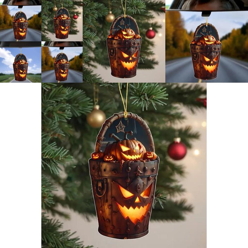 Acrylic Halloween Pumpkin Head Bucket Car Rearview Mirror Pendant With Cartoon Style For Vehicle Decor