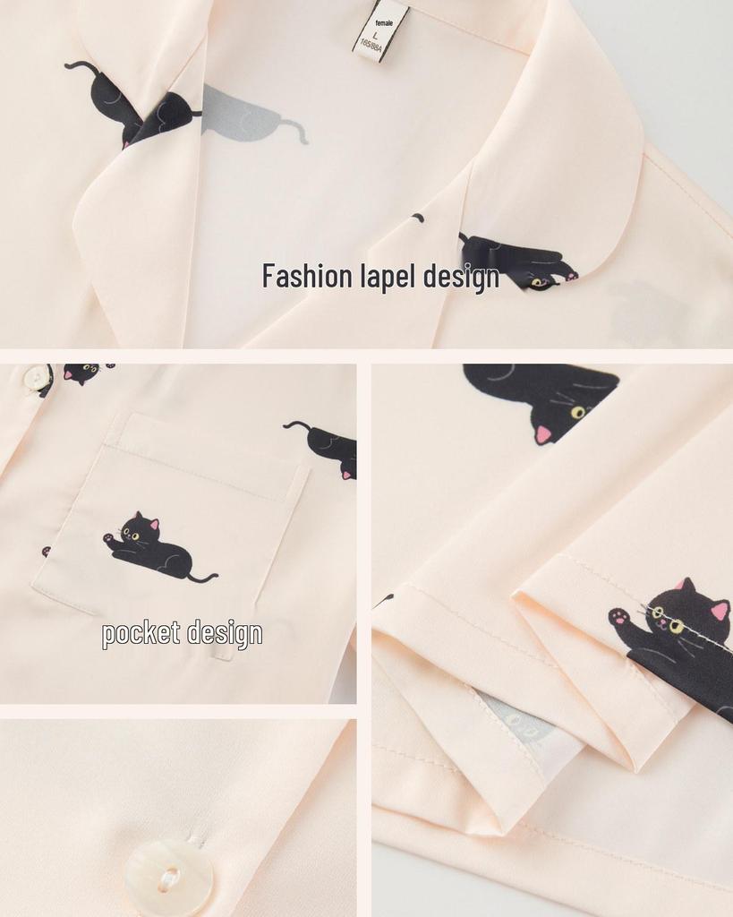 Women's Ice Silk Pajama Set, Short Sleeve Cat Design, Indoor/Outdoor Wear