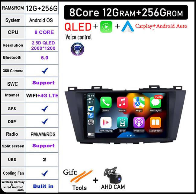9'' QLED Screen Android 14 For Mazda 5 3 CW 2010 - 2015 Car Radio Multimedia Video Player Navigation GPS Android Carplay Stereo