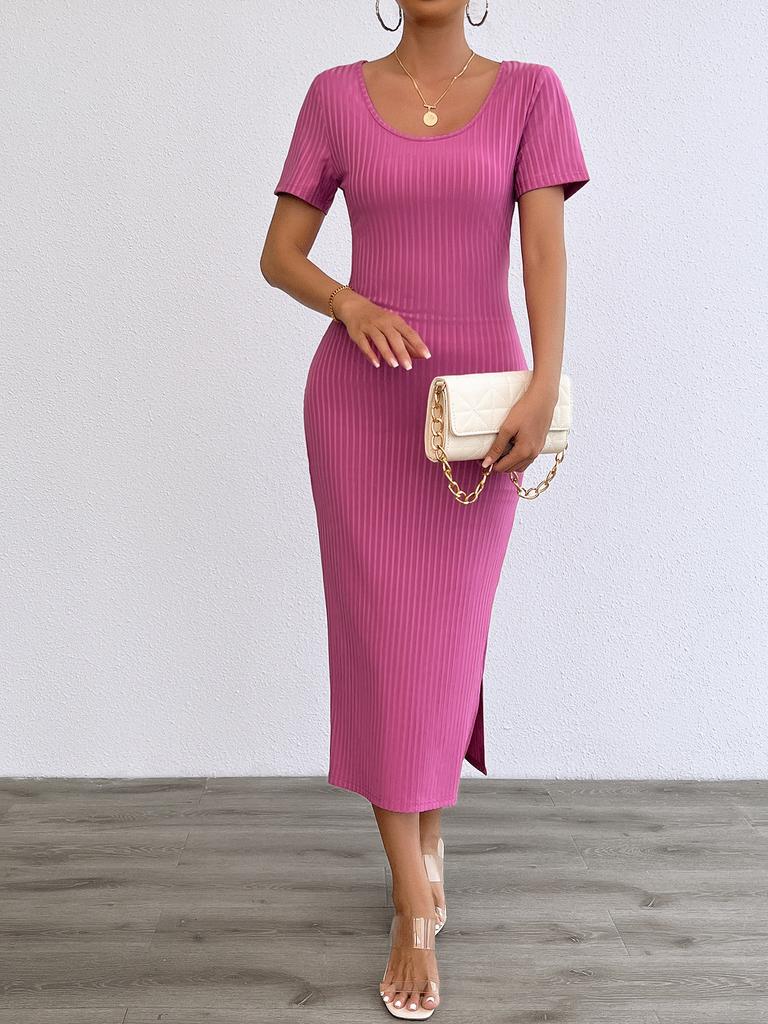 Spring and summer women's clothing new fashion casual solid color round neck slim dress women