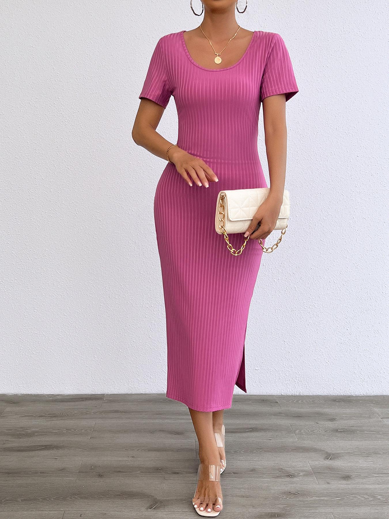 

Spring and summer women s clothing new fashion casual solid color round neck slim dress women XL