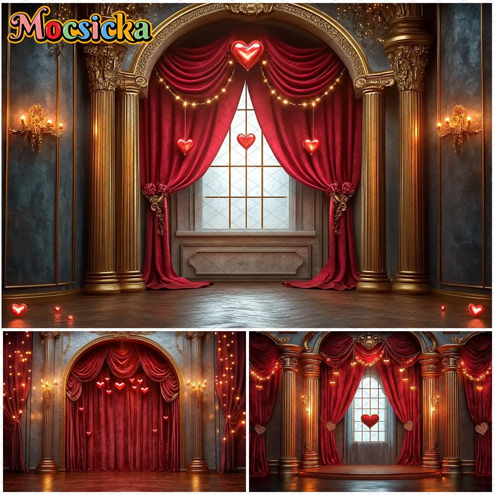 Mocsicka Valentine's Day Photography Backgrounds Palace Red Curtains Love Decorations Girls Women Photo Backdrops Wedding Banner
