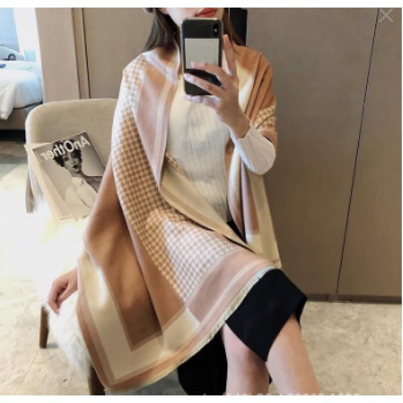 Premium Double-Sided Jacquard Houndstooth Scarf Wrap Women Winter Fall Warm Cotton Blend Shawl 185x70cm