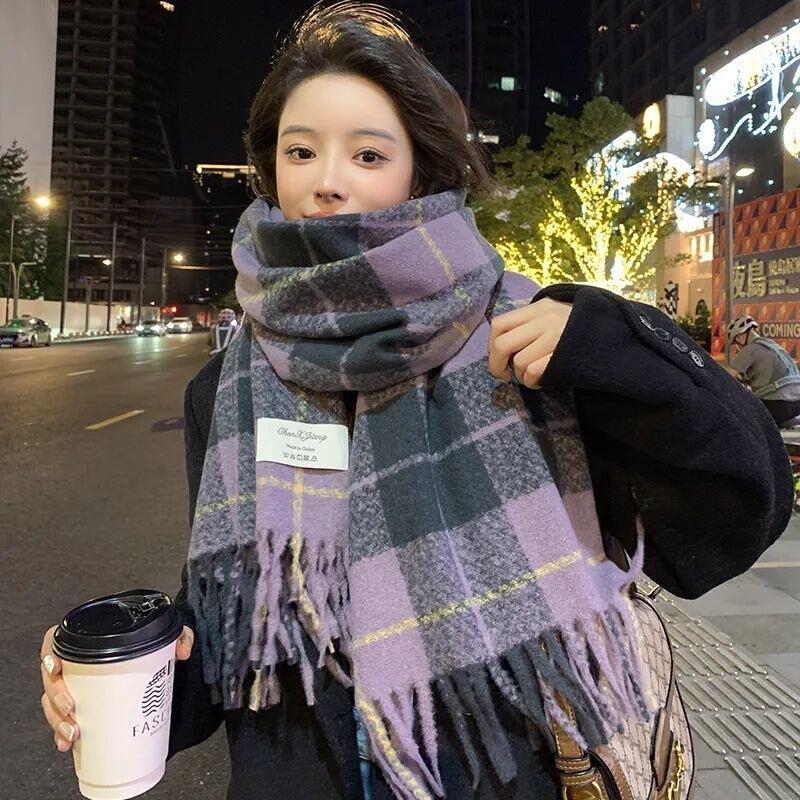 Korean Style Plaid Mohair Scarf - Women's Winter Imitation Cashmere Shawl