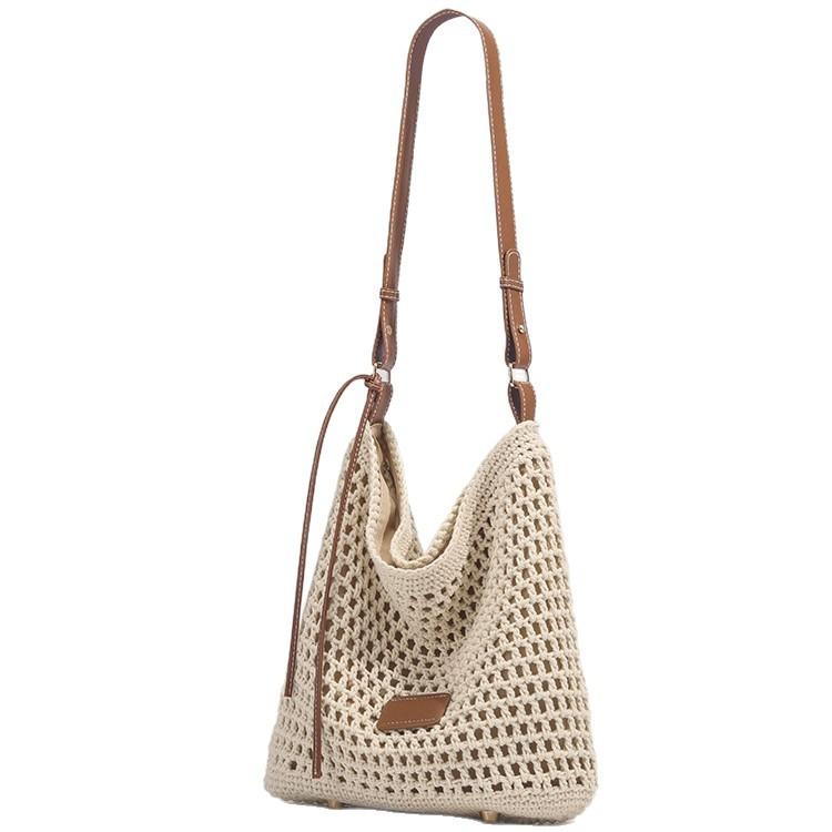 Stylish and simple woven bucket bag women go out to the seaside shoulder crossbody hollow knitted bag large capacity woven bag абрикосовый