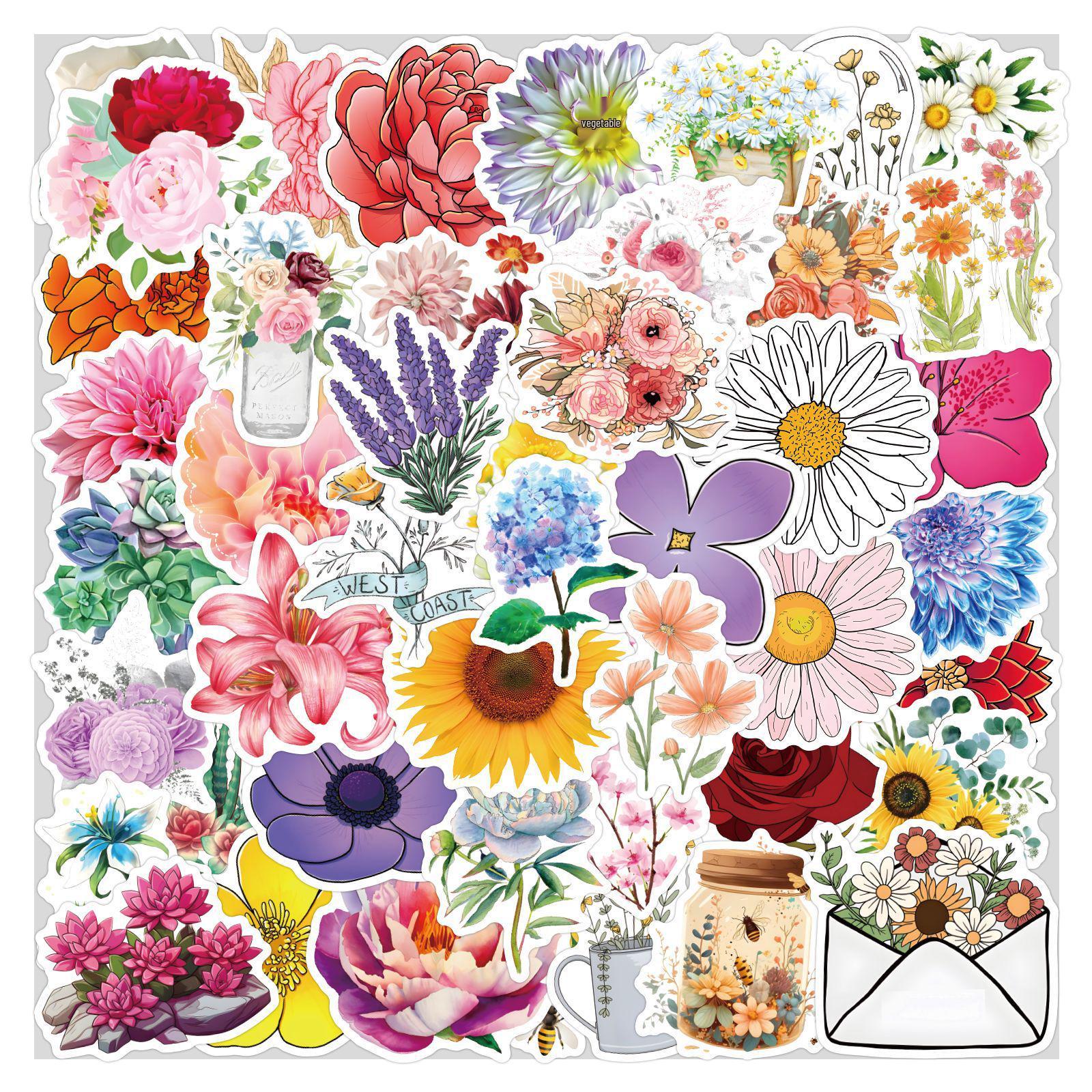 50 Sheets Waterproof Flower Cartoon Graffiti Stickers for DIY Decoration - Pen, Suitcase, Water Cup