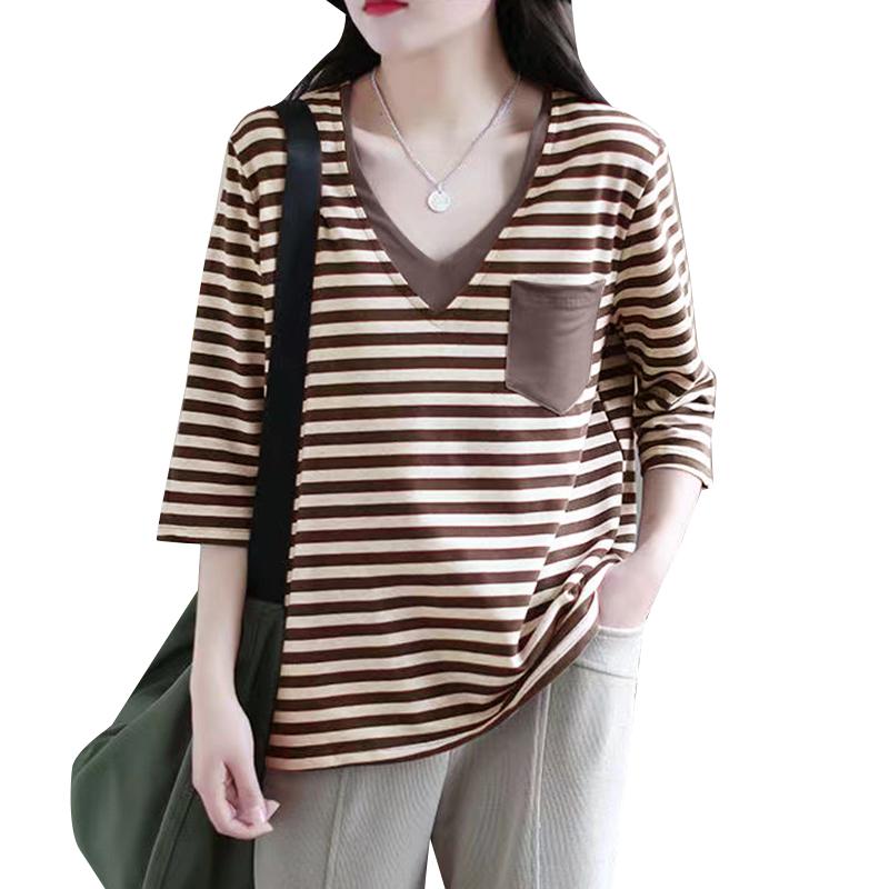 Casual Women's Summer Loose Striped Blouses with V-Neck and 3/4 Sleeves