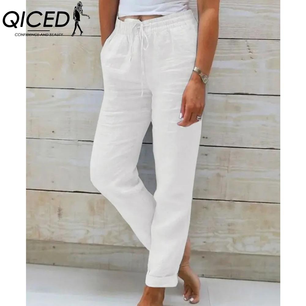 QICED Women's Summer Wide Leg Elastic Waist Trousers Nine Points