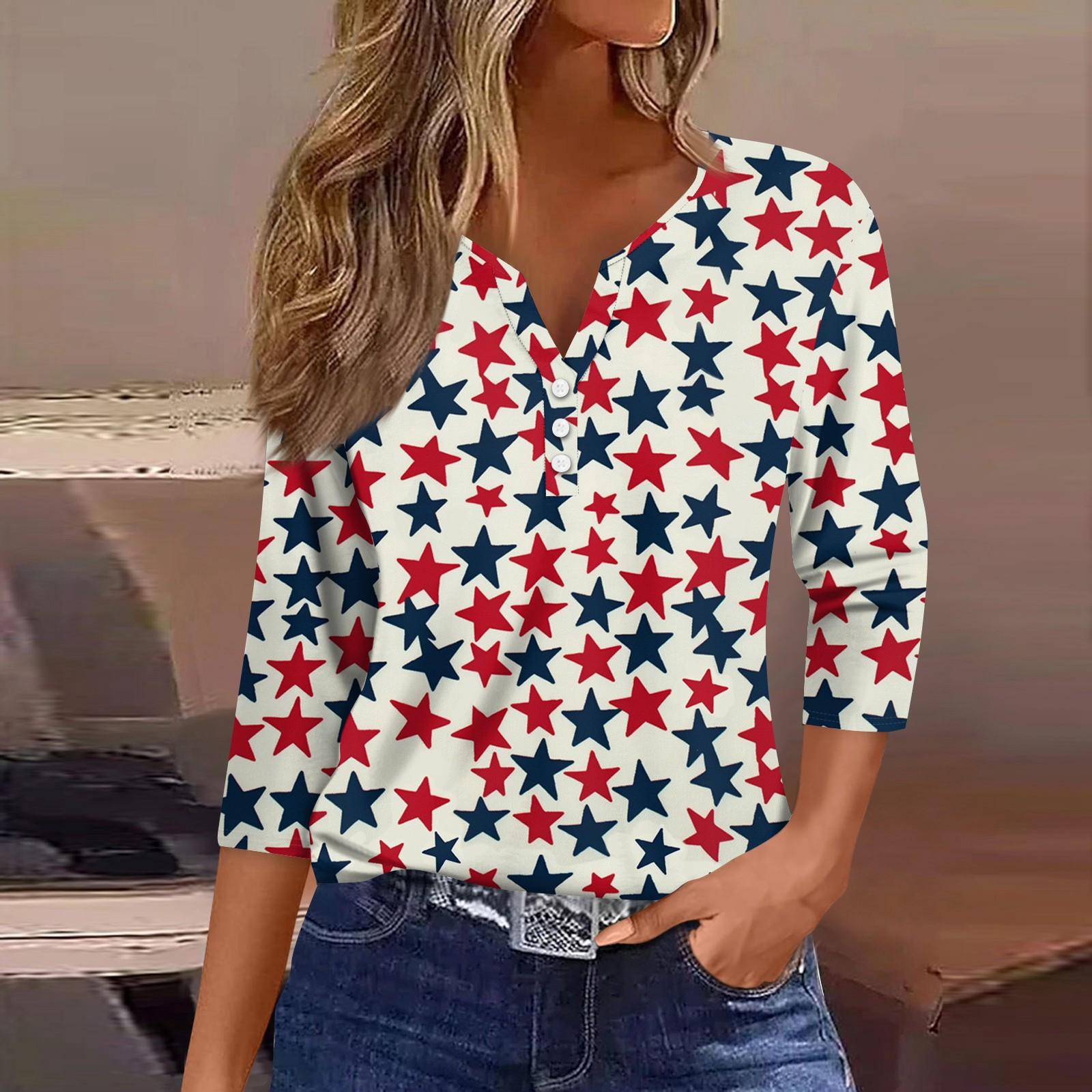 

3/4 Length Sleeve Womens Tops Print Vintage Fashion Casual Loose With V Neck Plus Size Shirts Independence Day M Кіновар