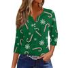 Women's Fashionable Casual Christmas Printed V-neck Three-quarter Sleeve Decorated Button Top