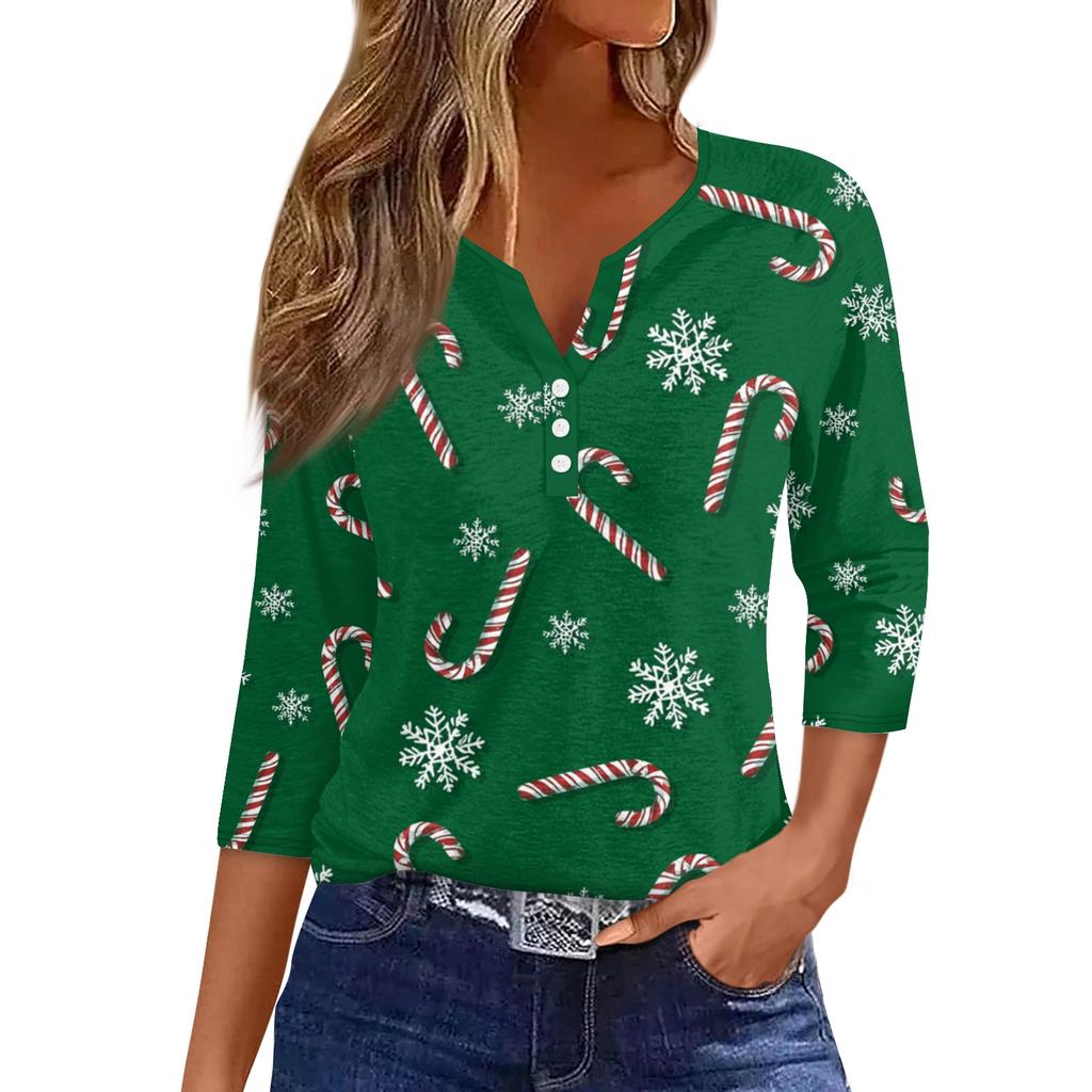 Women's Fashionable Casual Christmas Printed V-neck Three-quarter Sleeve Decorated Button Top