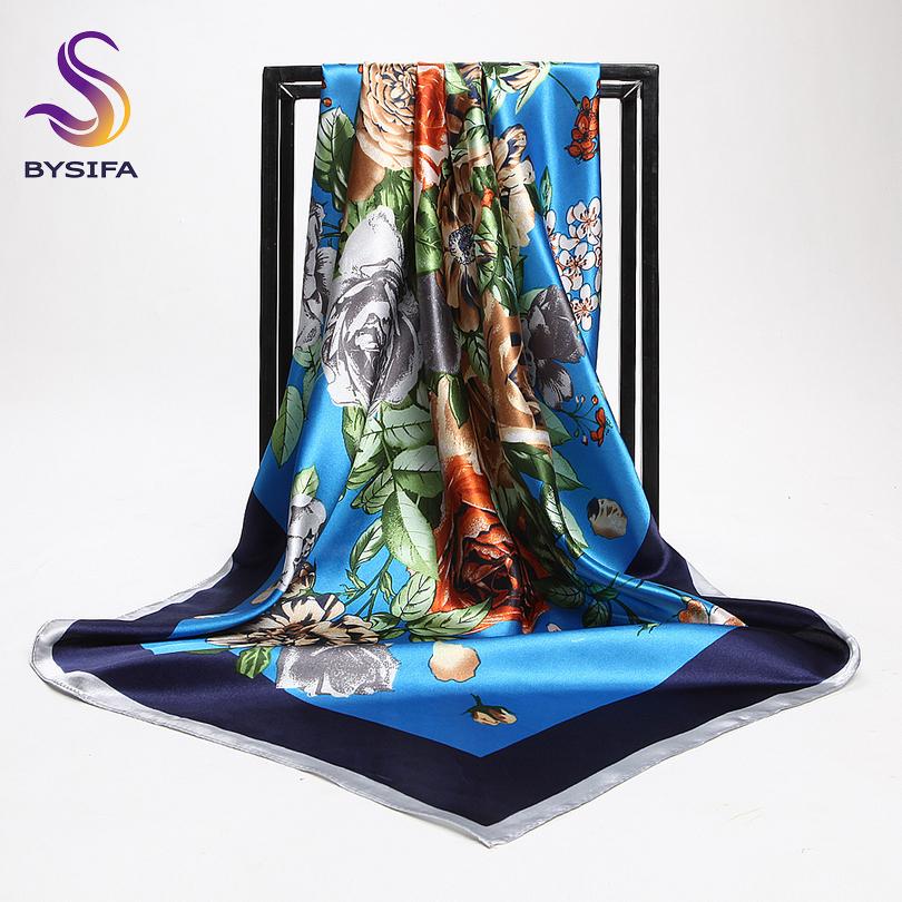 [BYSIFA] China Roese Large Square Scarves For Spring Autumn  New Design Red Black Flowers Silk Scarf Brand Muslim Head Scarf