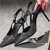 Fashion Luxury Bling Rhinestone Embellished Pumps Women Fashion Pointy Toe Ankle Strap Buckle Designer Shoe Sexy Nightclub Stripper Shoe