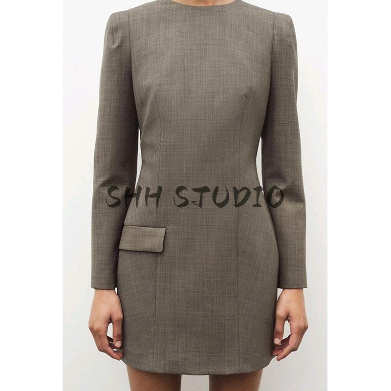 Spring New Women clothes European and American Leisure round Neck Long sleeve Fleece Blended Belt Shoulder Pad Dress 2323261