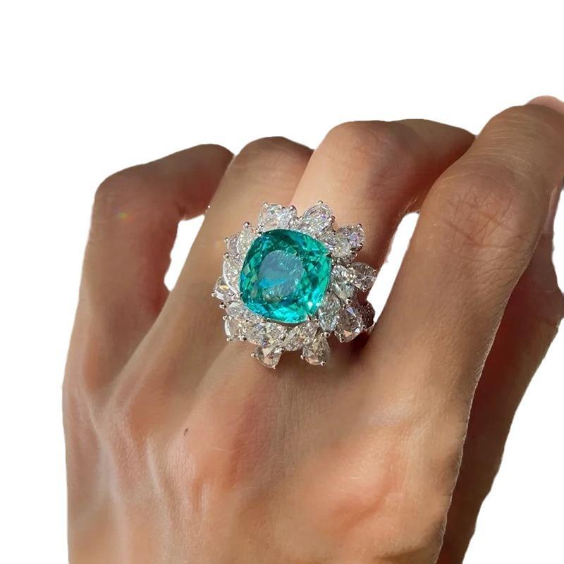 Paraiba Green Flower Ring Women'S Luxury Full Diamond Imitation Emerald Sunflower Ring