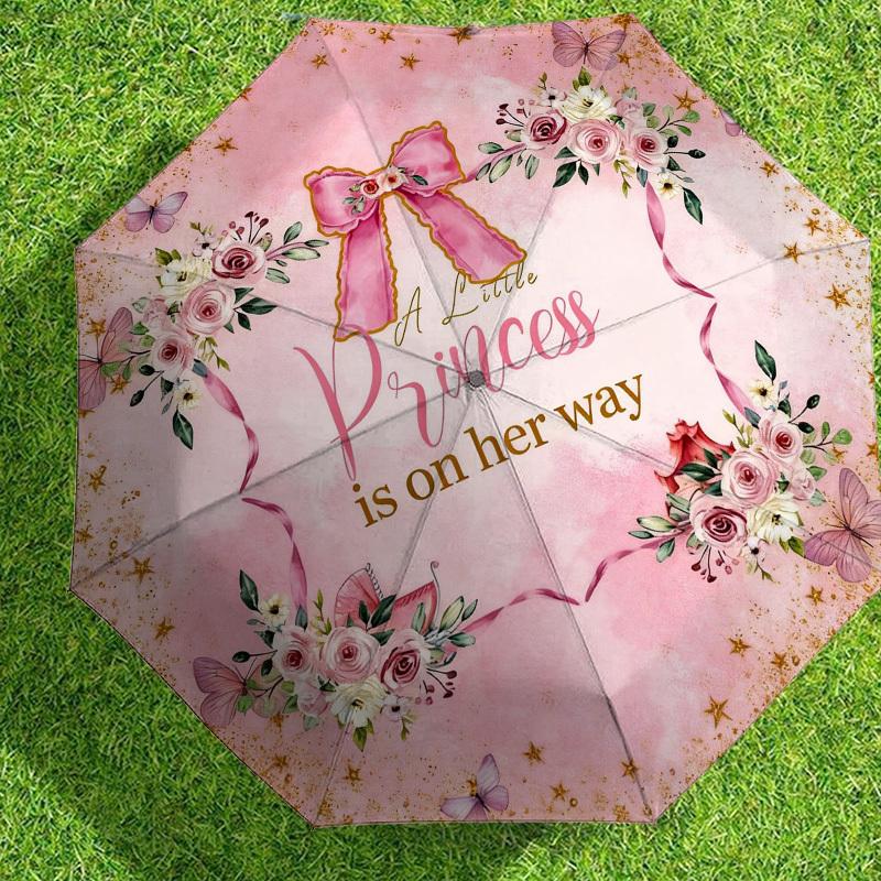 1pc Princess Flowers Automatic Folding Umbrella, Heavy Duty 8 Rib Iron Frame,  Suitable for Travel, Daily Use, Birthday, Decor Gift M0104039