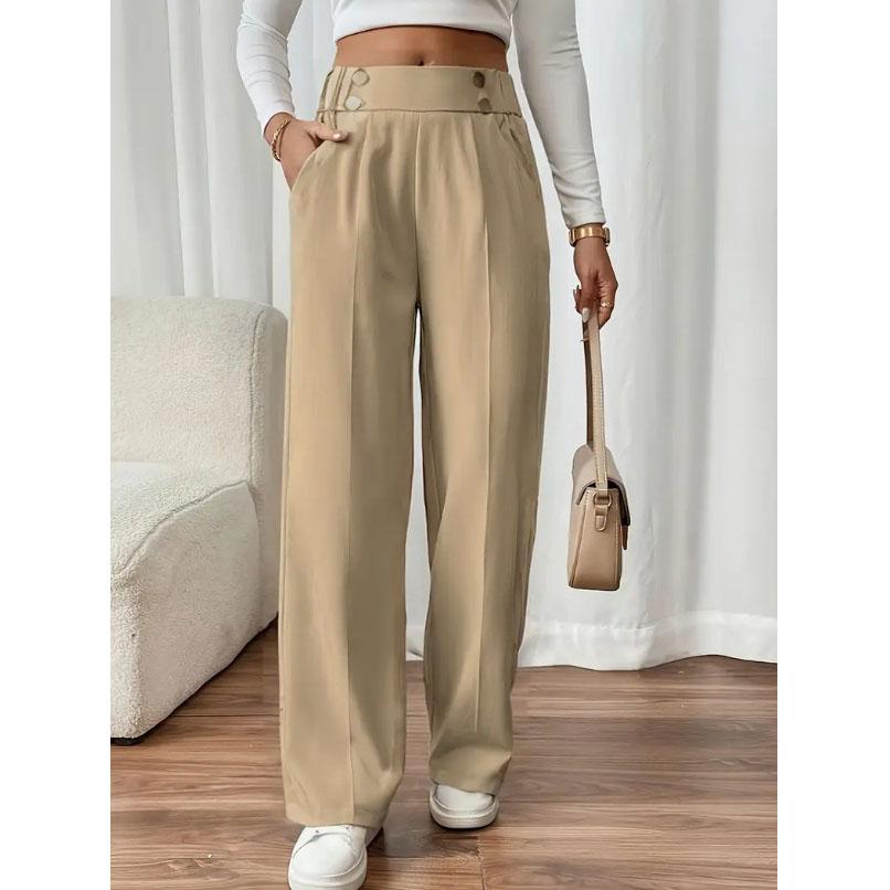 Damen High Waist Weitbein Hose - Fließende Bodenlange Hose Minimalistisch Gerade Passform Loungehose mit Elastischem Bund