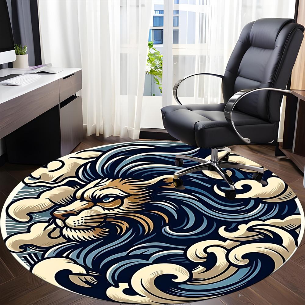 1pc Wave Lion Office Round Area Rug, Mat Suitable For Office, Under Office Chairs Bedroom Living Room Home Decor, Room Deco