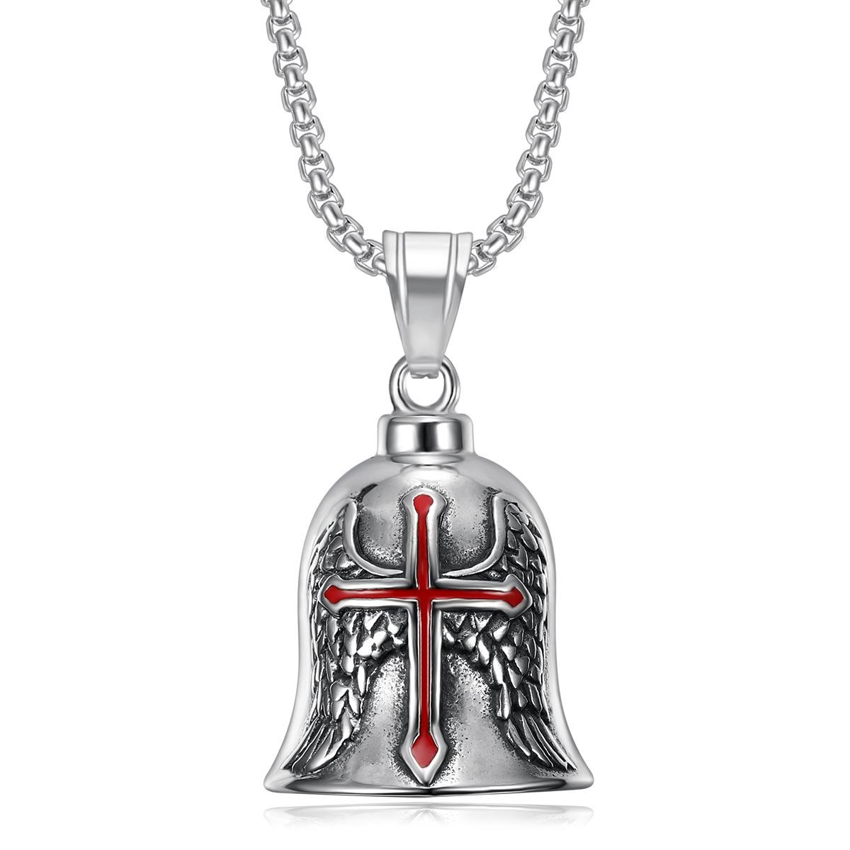 Motorcycle Style Men s Pendant Angel Wings Cross Bell Pendant 2026 Fashion Trend Inlaid Zircon Men s Party Jewelry Accessories 60CM