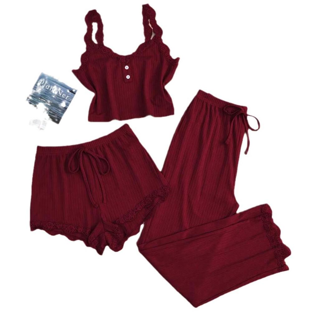 European and American Lace Trim Camisole, Tank Top, and Pants Pajama Set - Women's Slim Fit 3-Piece Outfit