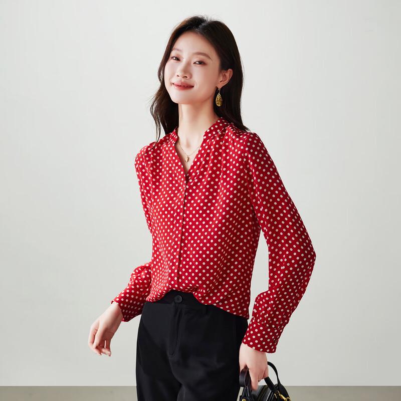

SOFSIL 2026 Spring French Red Polka Dot Draped Silk Blouse XL