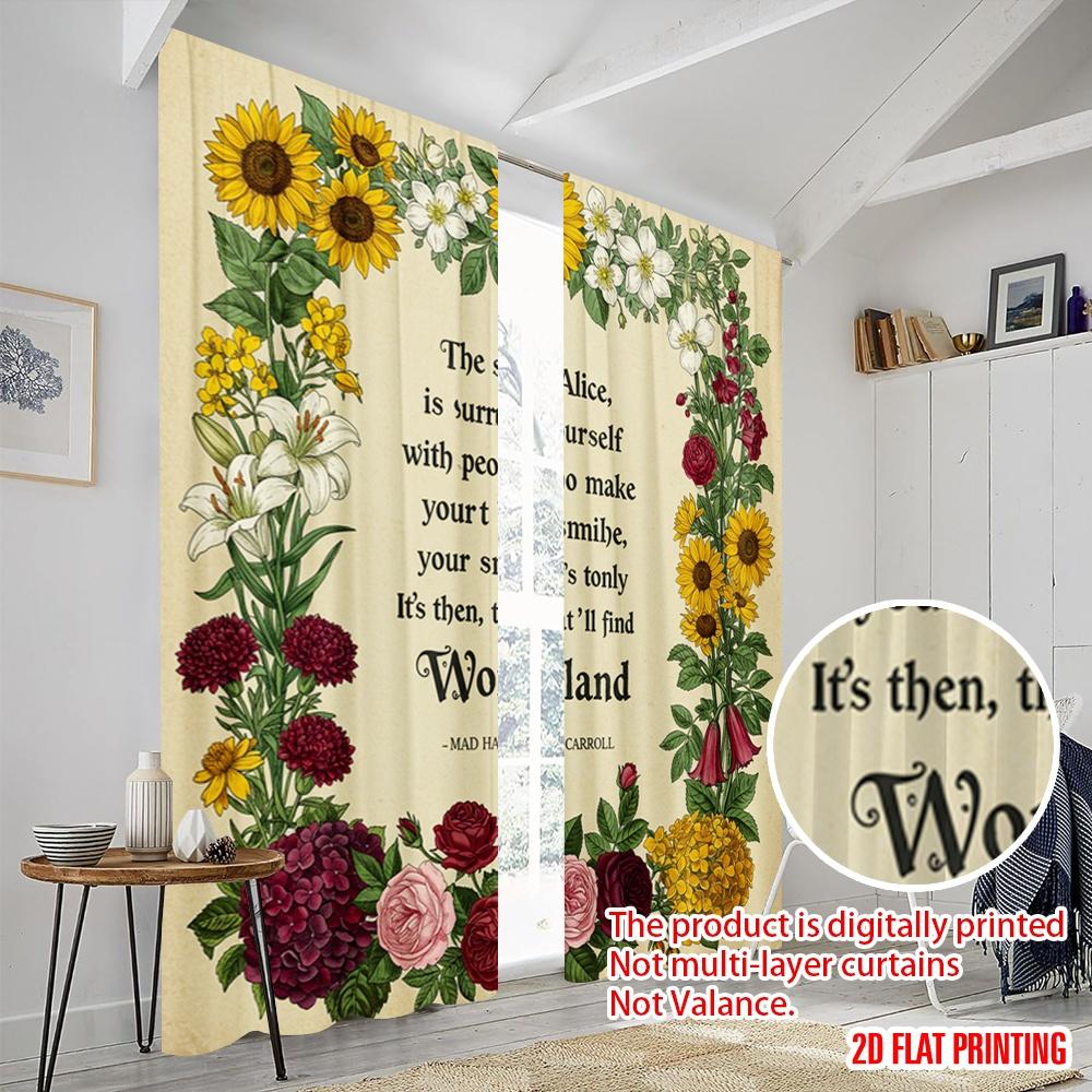 2pcs 2D Flat Printing Curtain Mad Hatter Wonderland Quote Floral Polyester Without Electricity Festive Holiday Perfect for