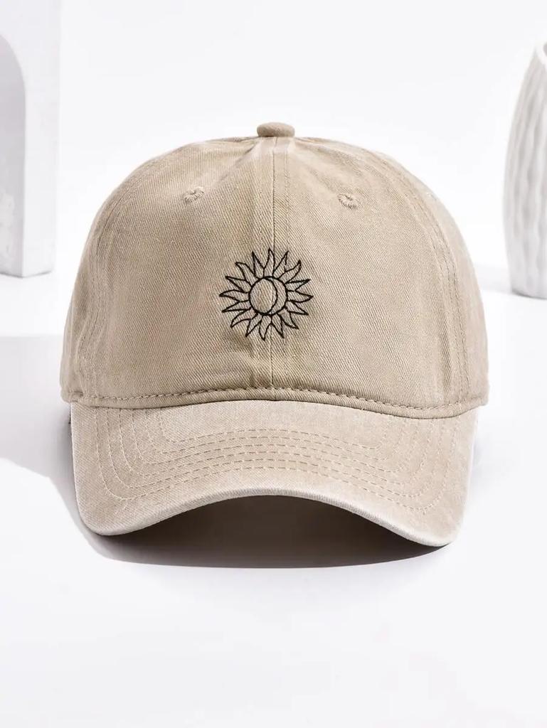 Unisex Sun Moon Embroidered Vintage Washed Adjustable Baseball Cap Casual Dad Hat For Outdoor Travel Daily Wear
