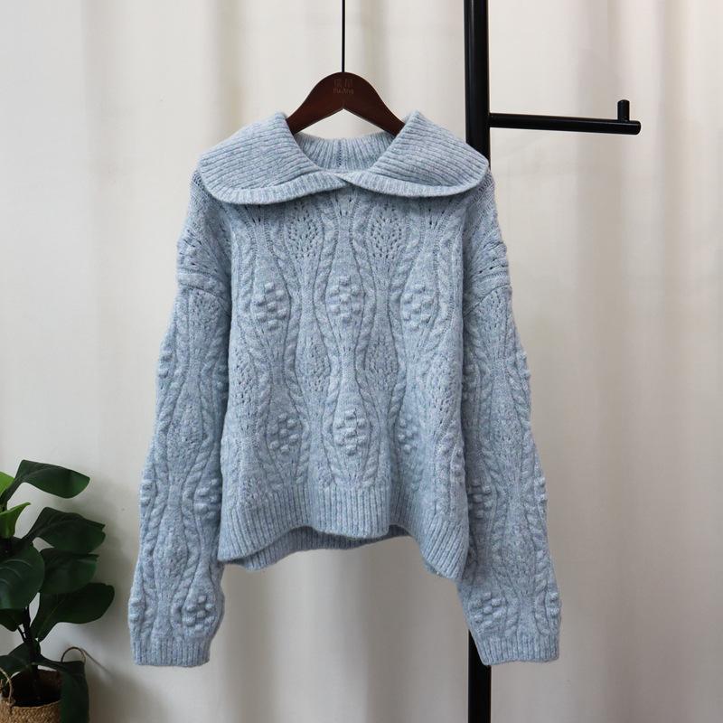 Autumn and Winter New Retro Lapel Three-dimensional Knitted Sweater Top Loose Soft Waxy High-end Sweater Pullover Woman