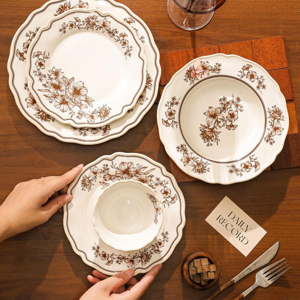 Shaun Medieval Fine Bead Point Ceramic Household Tableware French Plate Small Bowl Cup Plate Retro Rose Garden Dessert Plate