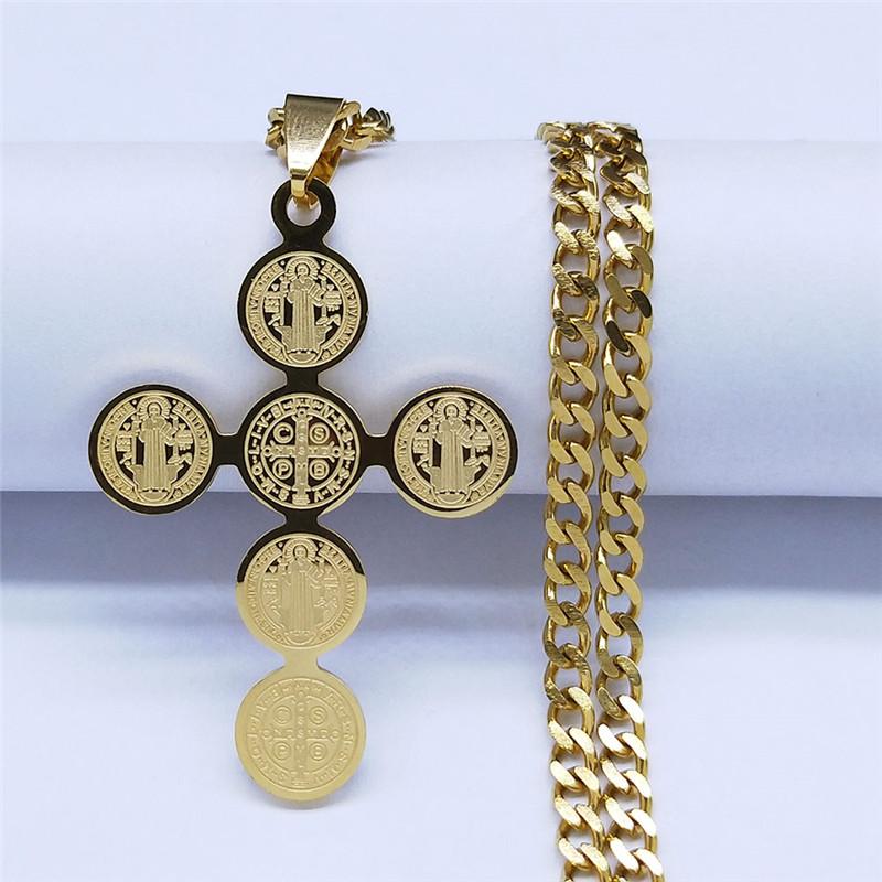 Fashion Stainless Steel Cross Necklace for Women Men Saint Benedict Gold Color Necklaces Jewelry Gifts Collar Cruz N3450S05