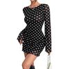 New Elegant Women's Mesh Polka Dot Printing Backless Dress Round Neck Long Sleeve Party Dress Sexy Thin Slim Fit See Through Minishort Dresses