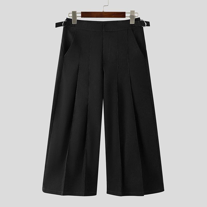 INCERUN Men Casual Zip-up High Waist Long Pleating Wide Legs Pants Trousers