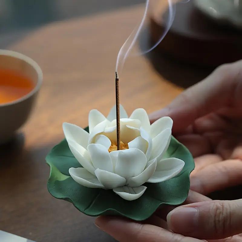 Handmade Ceramic Lotus Incense Burner - Zen-Inspired Home Decor,No Fragrance,Perfect choice for living room ambiance