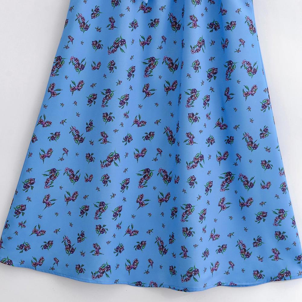 Spring-Summer V-Neck Floral Blue Dress for Women - Long Sleeve, Belted, Slim Fit
