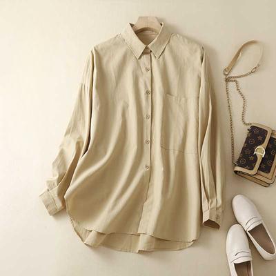 Spring Autumn Casual Solid Color Cotton Hemp Shirt Fat Mm Long Sleeve Collar Large Size Linen Top Blouses & Shirts