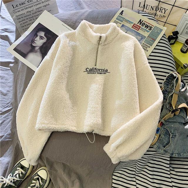 Herbst Winter Warme Kaschmir Sweatshirt frauen Mode Plüsch Lose Brief Koreanische Kurze Jacke Sweatshirt
