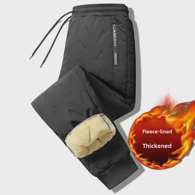 

Men s Winter Lambskin Windproof Warm Three-Layer Trousers with Drawstring Elastic Waist 4XL чёрный