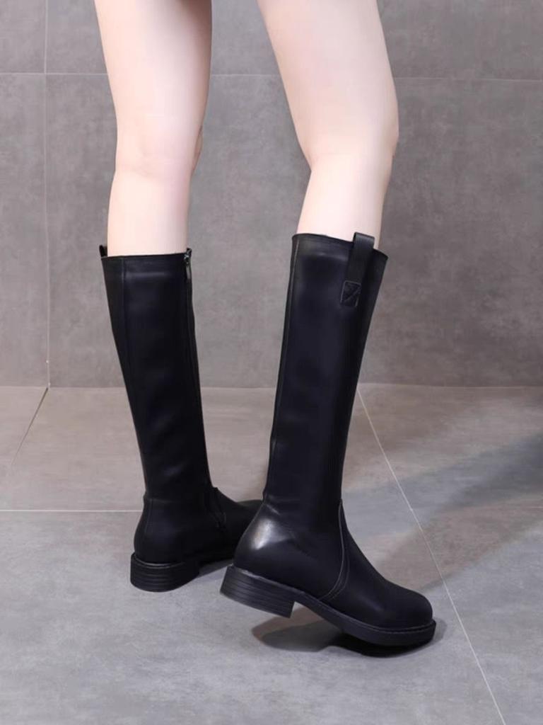 Fashion Black Middle Heel Round Toe Knee High Shaft Shoes Woman Autumn Winter Designer Luxury New in Warm Leather Long Boots for Women