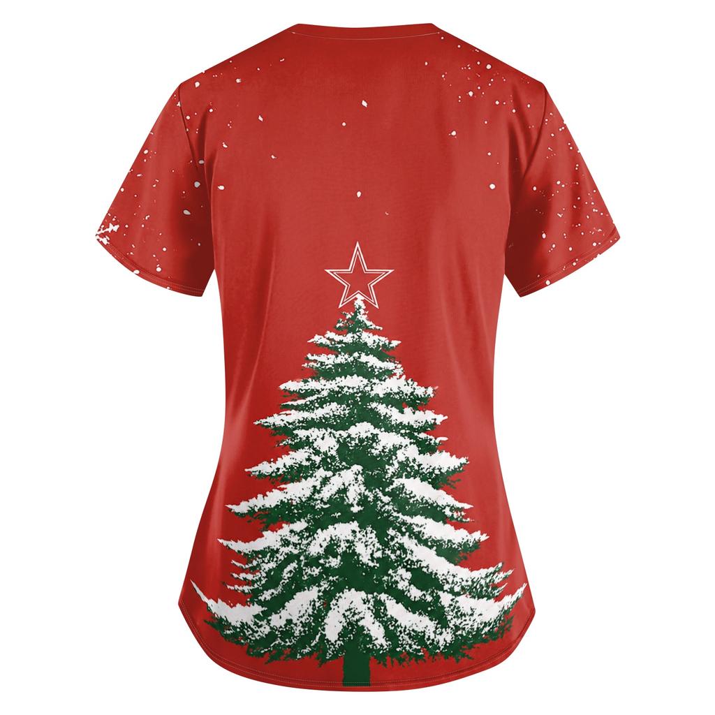 Women's Christmas Print V-Neck Short Sleeve Uniform with Pockets Loose Fit